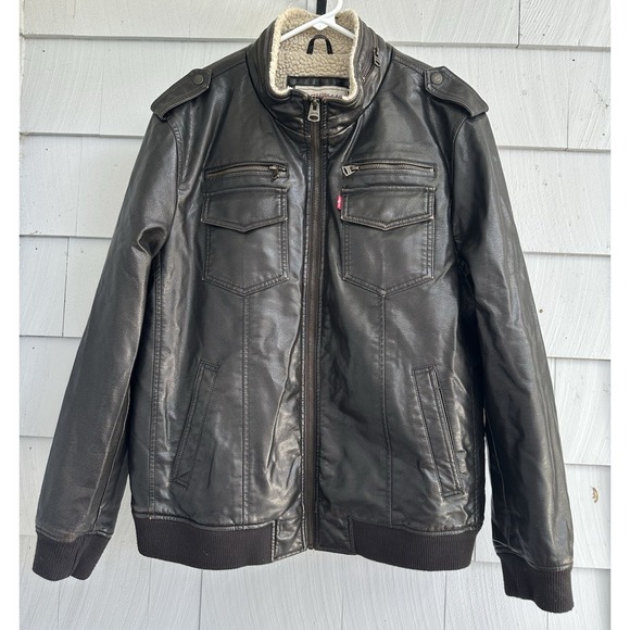 Levi's Sherpa Lined Faux Leather Moto Bomber Jacket Brown Men's Large L - Picture 1 of 10
